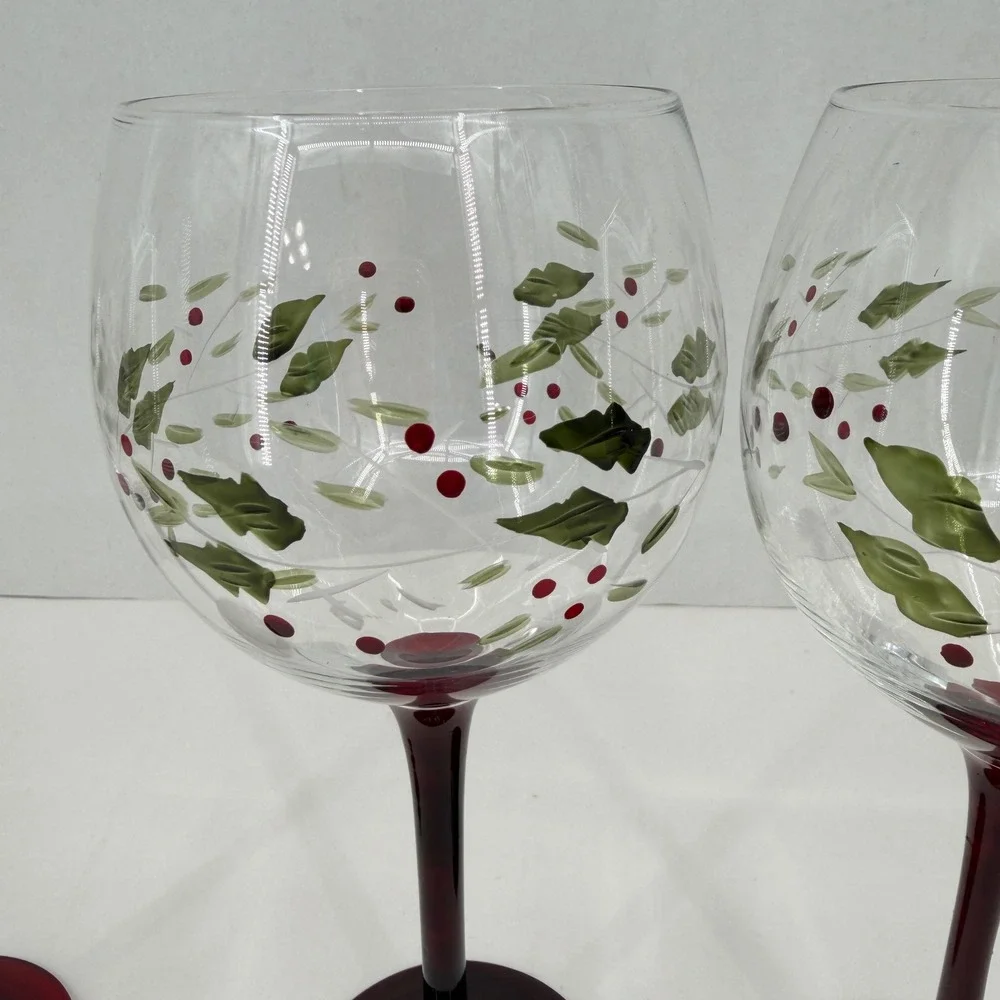 Pfaltzgraff Winterberry Wine Glass Set 3 Clear Red Holiday Holly Berry 8.5 Inch